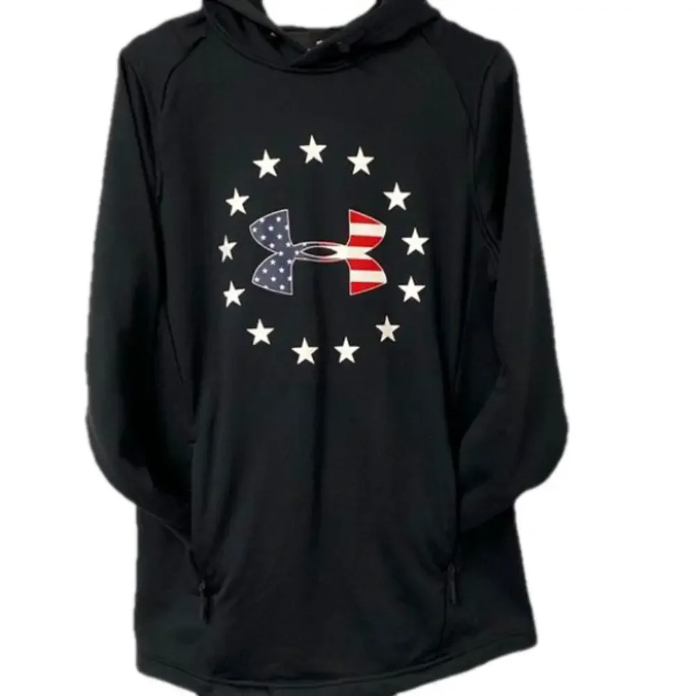 Under Armour Mens Medium Black USA Flag Stars Hoodie Sweatshirt 1323105